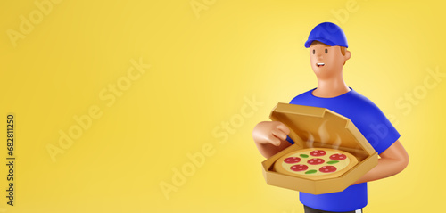 3D Pizza deliveryman Vector Banner. Cartoon Male Character of Сourier holding a box of pizza on yellow background