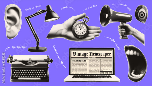 Vintage halftone collage. Breaking news concept. Laptop, lamp, typewriter, ear, and other trending elements in retro pop style.