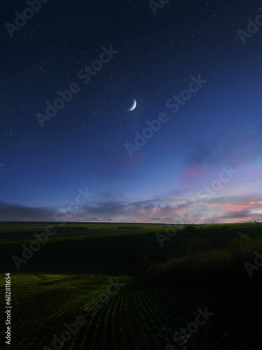 Crescent moon in the starry evening sky. Moon over green fields after sunset. Dreamlike night view. © Nazarii
