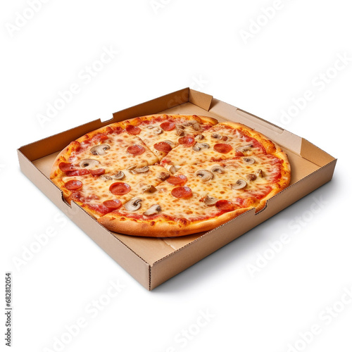 Cardboard box with pizza isolated on white background