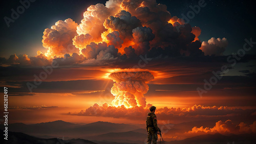 Soldier against the backdrop of a nuclear explosion