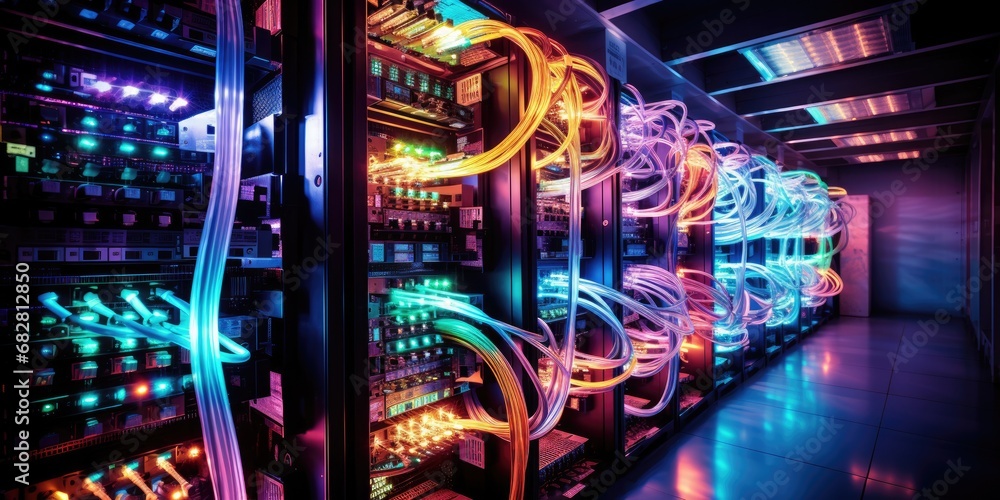 A complex set of wires and cables converge in data center where server ...