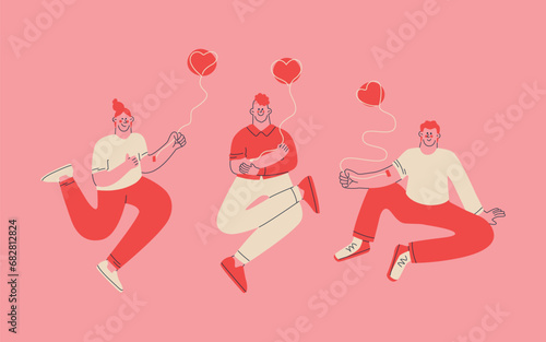 Three cute people blood donors with a blood collection catheter in a vein. Blood, plasma and internal organ donation. Set of vector isolated abstract characters.