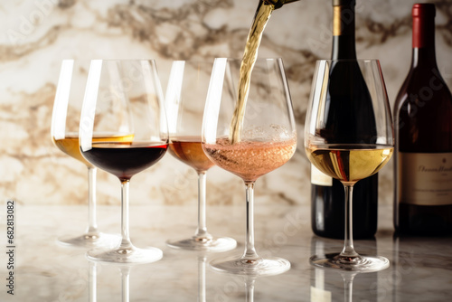 Close up of red and white wine pouring each glasses on table in background of modern restaurant. Drink concept of wine and alcohol. 