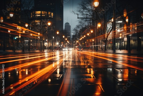 An unfocused image of an urban road at nighttime, filled with moving cars and a clock-bearing structure on the intersection.by Generative AI.