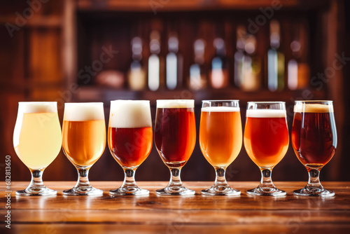 Glasses of beer on the counter. Different types of beer on a bar top in a pub. Beer tasting in a pub. Delicious beer light brew, dark brew. © VisualProduction