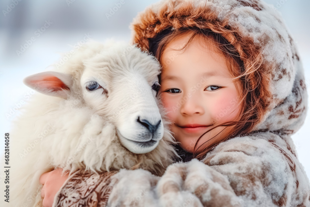 Young mongolian girl with sheep. Happy young mongolian girl portrait hugging a sheep in the winter background. Happy asian girl. Young mongolian girl with sheep. Happy young mongolian girl portrait hugging a sheep in the winter background. Happy asian girl.