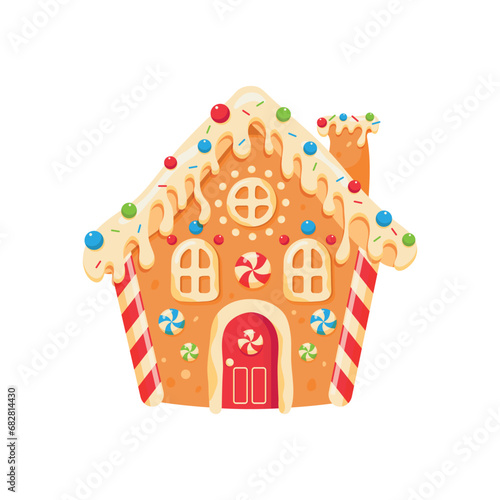 Cookie christmas house card, Gingerbread house. Baked  Gingerbread christmas candy cookies decorative food for winter celebration time vector stylized funny house. Cute vector illustration isolated 