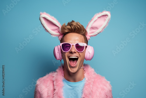 Fototapete happy young man wearing pink easter bunny ears and sunglasses on blue background