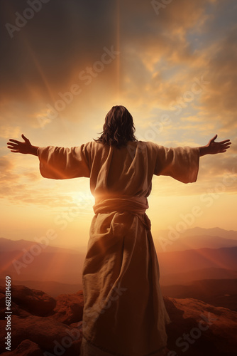 Jesus Christ with his arms open to humanity - Salvation and resurrection concept - Vibrant Sunset Sky - Vast landscape  photo