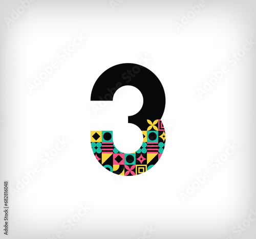 Creative number 3 logo with geometric shapes. Creative education colorful graphics. Vector