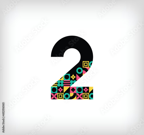 Creative number 2 logo with geometric shapes. Creative education colorful graphics. Vector