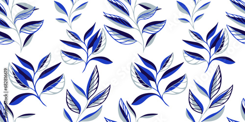 Seamless pattern with  hand drawn sketch vector leaves stem. Simple, tropical, trendy minimalist print. Template for design, textile, fashion, print, surface design, fabric