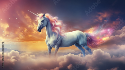 Magic unicorn in beautiful sky with rainbow and fluffy © khan