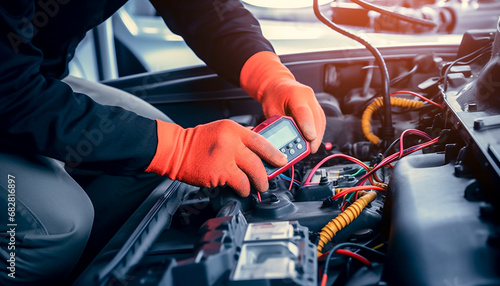 An auto electrician understands the electrical wiring of a car under the hood.
