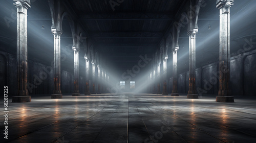 Empty large warehouse with lights and concrete floor