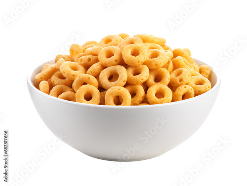 Bowl of Cheerios Cereal Corn Rings, isolated on a transparent or white background