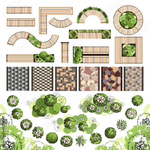 Top view elements for the landscape design plan. Trees and benches for architectural floor plans. Maze garden. Various trees, bushes, and shrubs. Vector illustration.