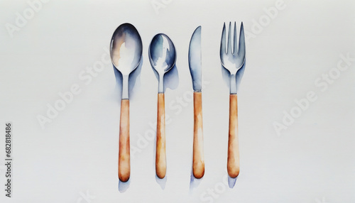 水彩画のスプーンとナイフとフォーク。カトラリー、キッチン、食事 photo
