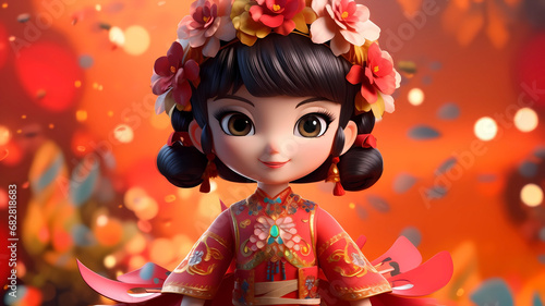 Hand drawn cartoon illustration of cute and beautiful Chinese costume fairy 