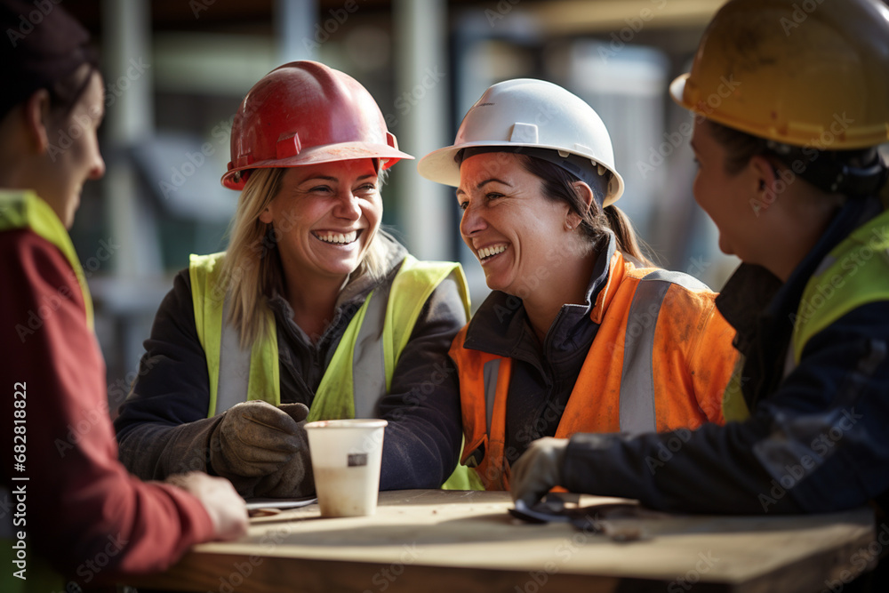 Cheerful female construction workers on a coffee break Cheerful female construction workers on a coffee break