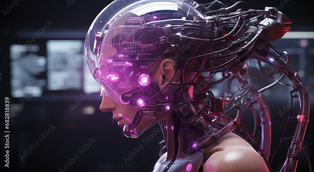 Cyborg woman with digital brain and glowing network Cyborg woman with digital brain and glowing network