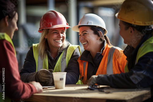 Cheerful female construction workers on a coffee break photo