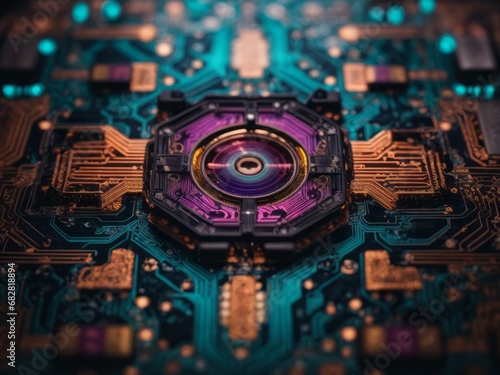 Big data technology cyberspace motherboard microchip circuit board computer processor neon light
