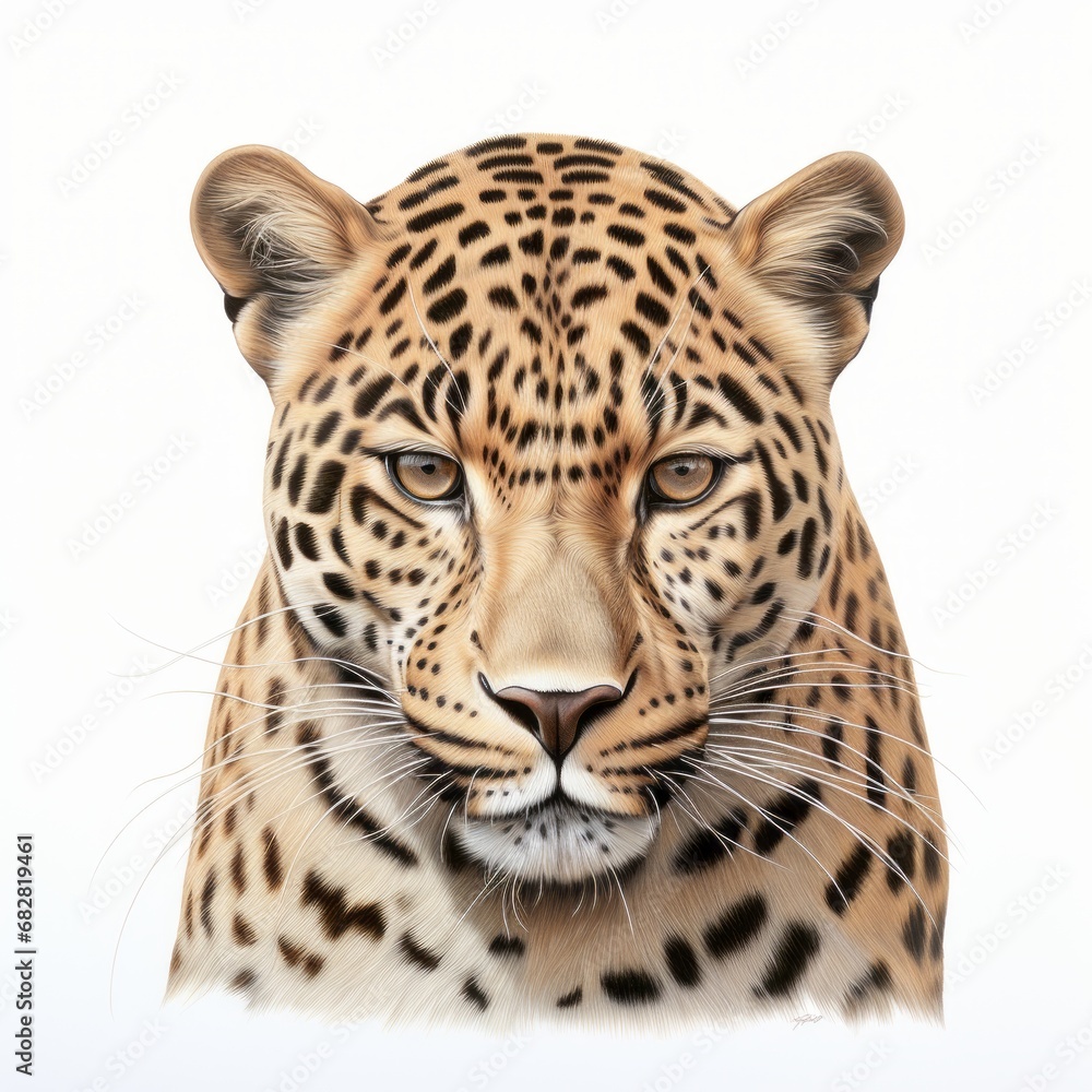 Wild cat Leopardus pardalis photorealism style on white background Wild cat Leopardus pardalis photorealism style on white background