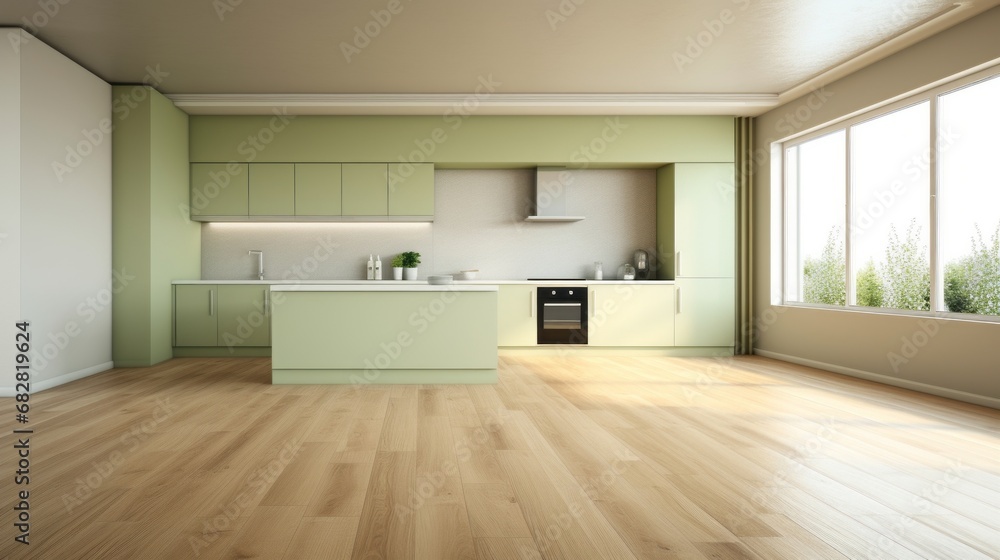 Fototapeta premium Interior of modern minimalist kitchen. White walls, hardwood floor, pistachio facades, built-in home appliances, indoor plants in pots, large windows. Mock up.