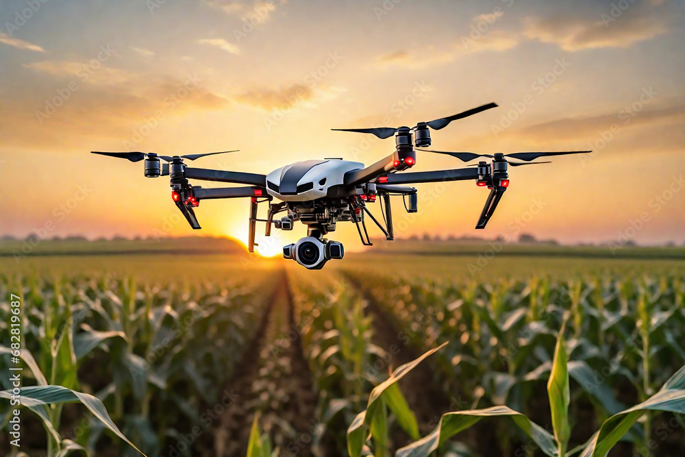 A drone flying over a cornfield at sunrise, smart tech used for monitoring the fields in agriculture, automation and innovation through artificial intelligence A drone flying over a cornfield at sunrise, smart tech used for monitoring the fields in agriculture, automation and innovation through artificial intelligence