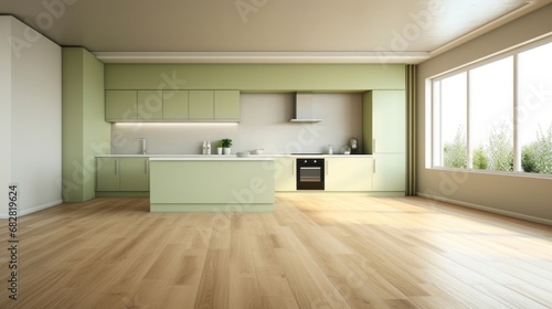 Interior of modern minimalist kitchen. White walls, hardwood floor, pistachio facades, built-in home appliances, indoor plants in pots, large windows. Mock up.