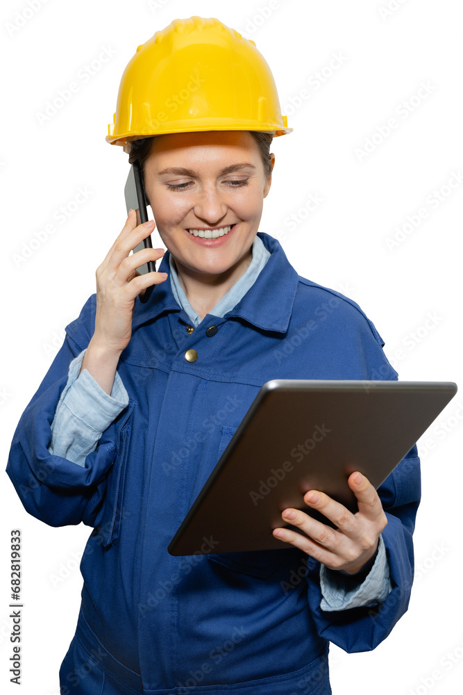 Isolated smiling woman engineer in yellow helmet and blue uniform with phone and digital tablet Isolated smiling woman engineer in yellow helmet and blue uniform with phone and digital tablet