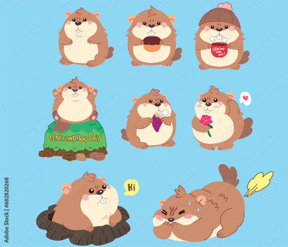 Groundhog hand draw full-color cartoon style illustration set for the concept of Groundhog Day and decorate greeting card. Groundhog hand draw full-color cartoon style illustration set for the concept of Groundhog Day and decorate greeting card.