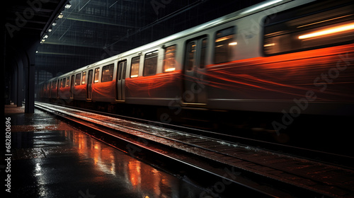 Train in motion on the platform of a subway station at night