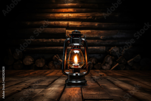 Vintage kerosene lamp on rustic wooden table in dark room photo