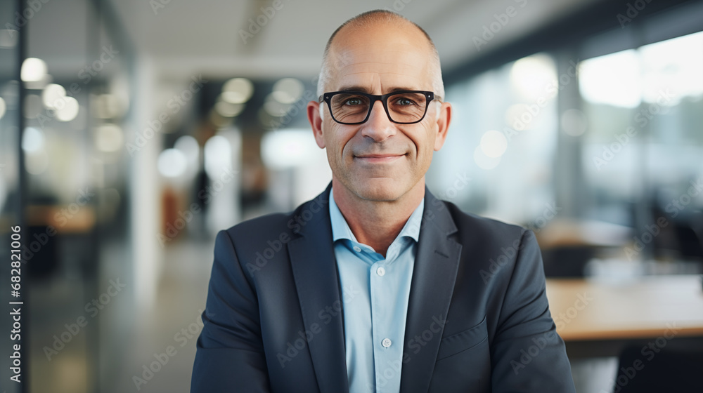 Fototapeta premium Middle aged male business executive smiling in office wearing glasses
