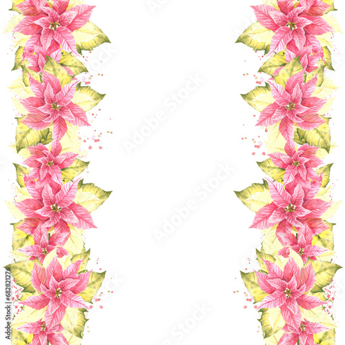 Watercolor painted seamless vertical border, frame of pink yellow Poinsettia, Pulcherrima flowers, leaves, splashes. Plant illustration for Christmas, New Year card, package. Isolated white background