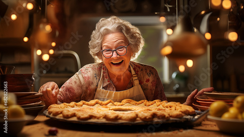 Senior woman making Christmas pies and cookies in home kitchen, messy, warm, holiday atmosphere with Christmas tree decorated, lights and lanterns, Christmas cooking concept photo