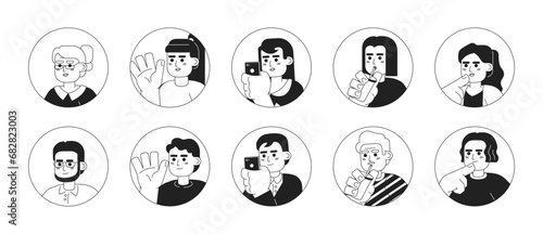 Different ages asians black and white 2D vector avatars illustration bundle. Korean women, japanese men outline cartoon character faces isolated. Adult asian casual flat user profiles image collection