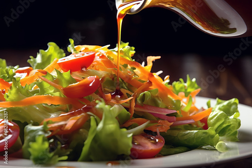 Close up of fresh vegetable salad pouring onto dressing in background of modern restaurant. Food concept of dish and meal.