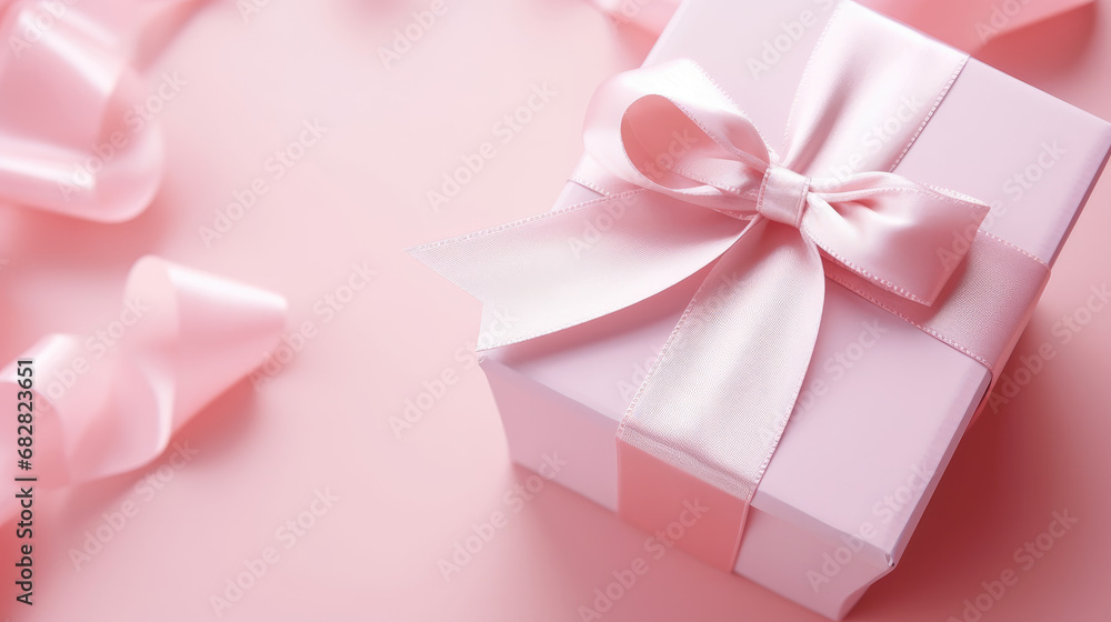 A pink gift box with a ribbon sits on a pale pink background, creating a romantic ambiance, perfect for birthday, anniversary, or gift card use. A pink gift box with a ribbon sits on a pale pink background, creating a romantic ambiance, perfect for birthday, anniversary, or gift card use.