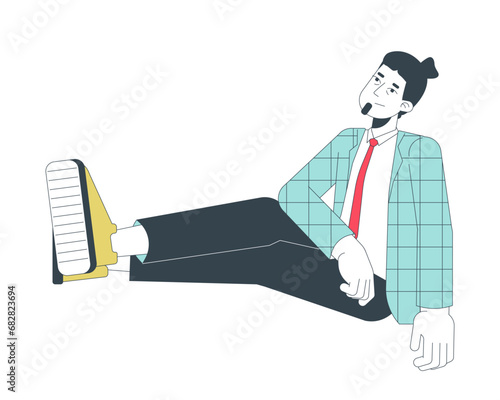 Office worker sitting high power pose 2D linear cartoon character. Wrinkles eye formalwear employee isolated line vector person white background. Caucasian businessman color flat spot illustration