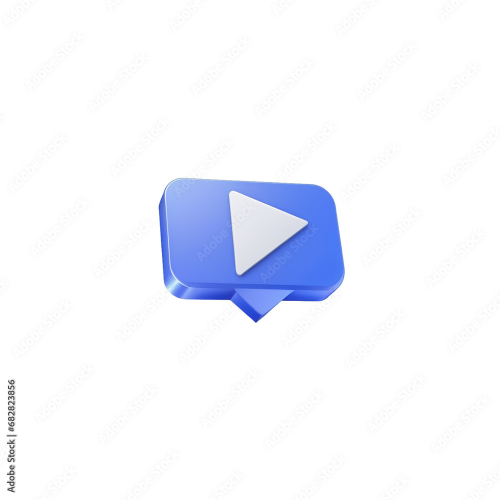 3D blue play button icon on white background.