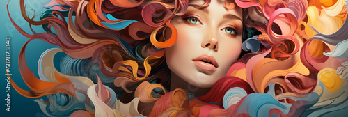 Wide colorful illustration of a women face looking at the camera, sleepy eyes and sexy lips, wavy spread hair dye, abstract digital drawing