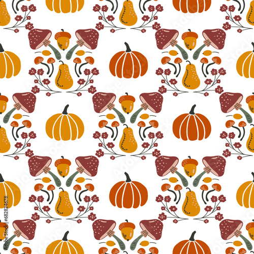 Pumpkins and Mushrooms Geometric Fall Vector Seamless Pattern