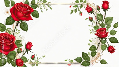 Red roses in a frame with empty space for text, ideal for invitation, gift and greeting card, Valentine's day and Women's Day