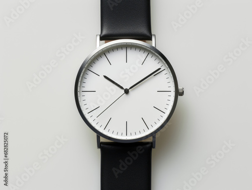 Close-up of a minimalist wristwatch with a plain face.