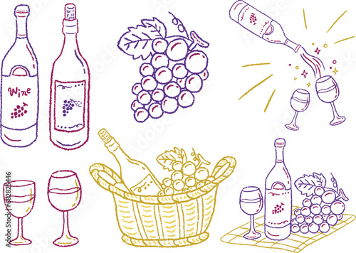 Stylish hand-drawn line drawing illustration set of wine bottles and grapes in a basket, toasting, colored pencil texture / かごに入ったワインボトルやぶどう、乾杯している様子、色鉛筆テクスチャの手描きのおしゃれな線画イラストセット