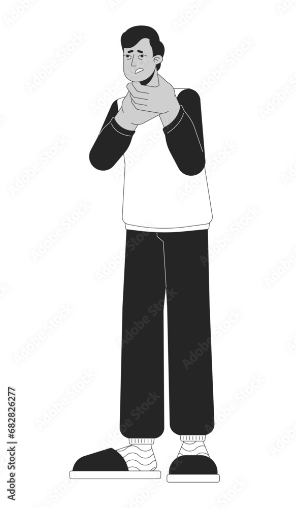 Flu sore throat black and white cartoon flat illustration. Indian young adult man with swollen glands 2D lineart character isolated. Difficulty swallowing angina monochrome scene vector outline image